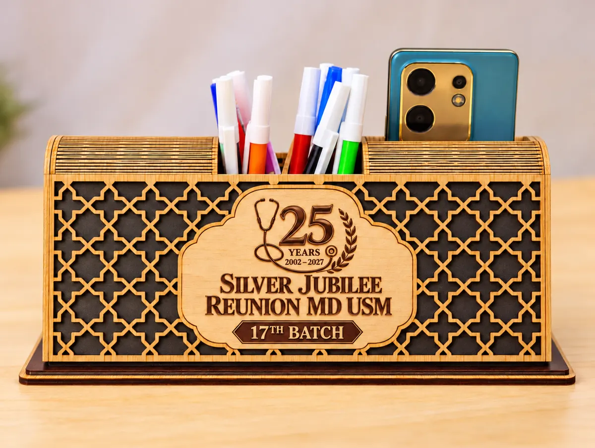 Wooden desk organiser with lattice front and phone slot