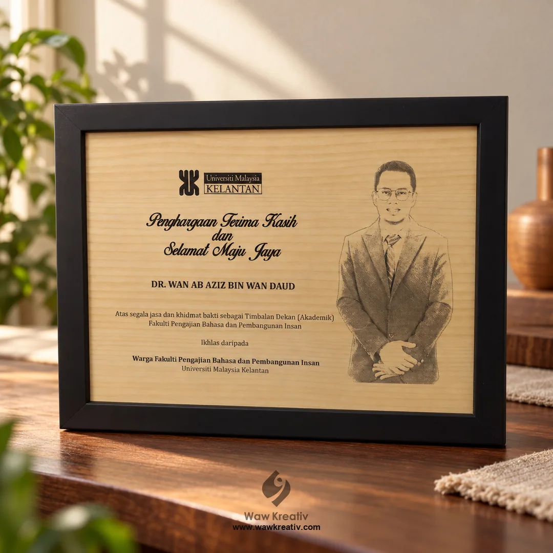 Plak berbingkai hitam dengan potret pegawai diukir