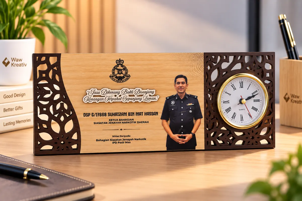 Service appreciation plaque with clock and fretwork panels
